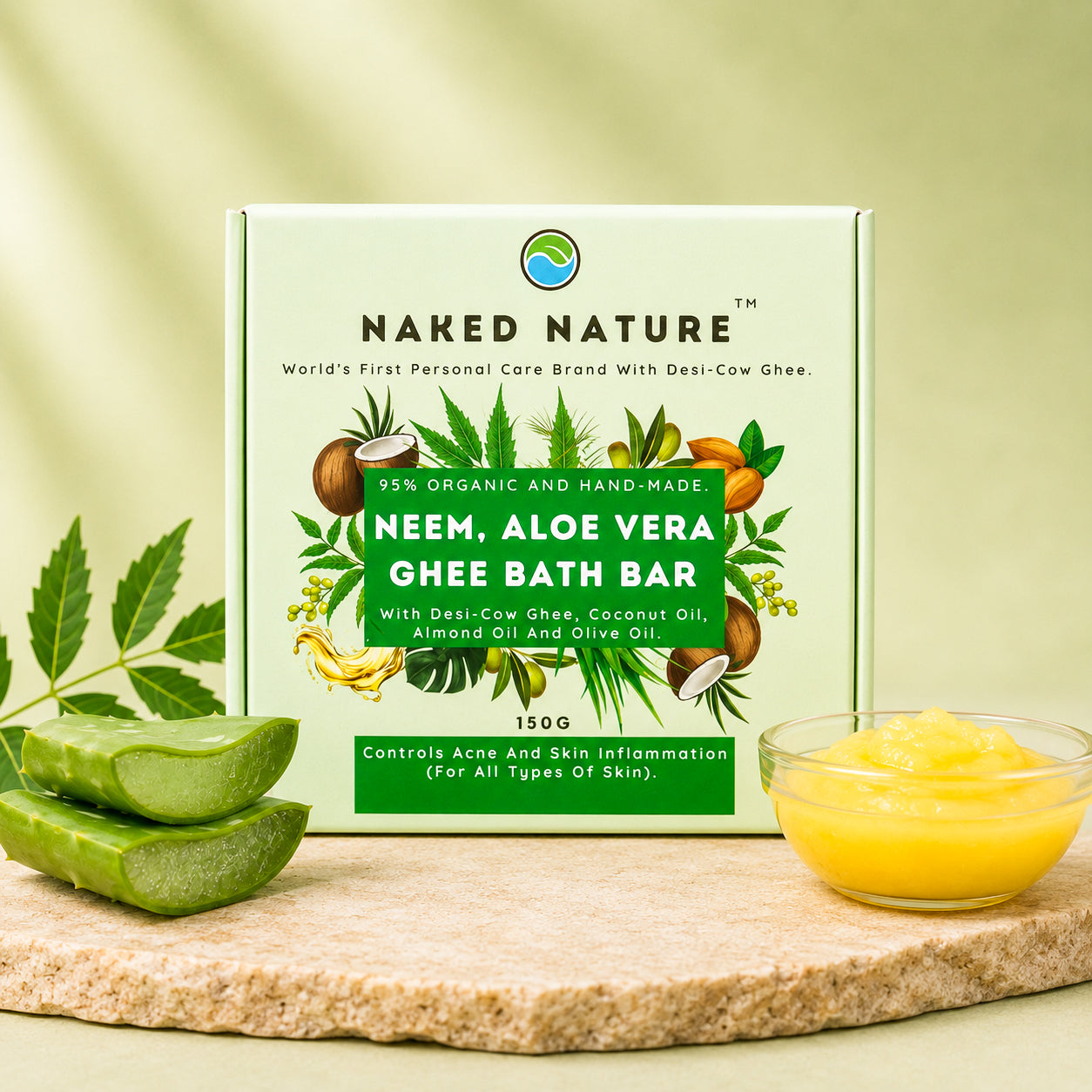 Neem, Aloevera Ghee Bath Bar (Soap) 150G- For Dry, Acne-Prone and Inflammatory Skin.